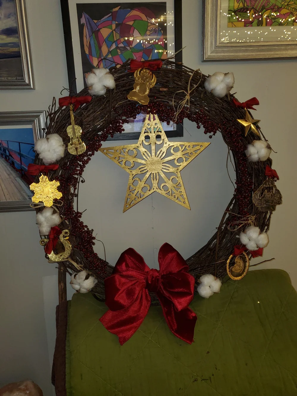 Handcrafted Festive Red Ribbon Cotton & Gold Ornament Holiday Wreath *Large 18